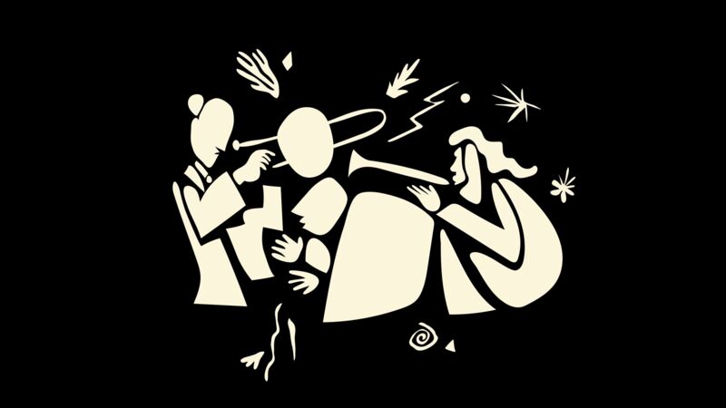Illustrierte Szene in Creme auf schwarzem Grund: zwei Trompeter und eine Figur mit wehendem Haar, umgeben von Blitz, Stern und Spirale