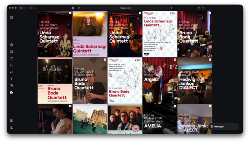 Instagram-Profil im Browser: Ankündigungen der Saison 2026, dunkle Konzertfotos im Wechsel mit den Strichzeichnungen der Jazz Kitchen
