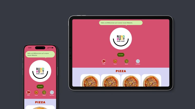 Der Rund-und-Bunt-Shop auf Smartphone und Tablet: das runde Logo auf kräftigem Pink, eine grüne Sprechblase, die auf der neuen Website begrüßt, vier Kategorie-Icons und darunter eine Reihe Pizzen.