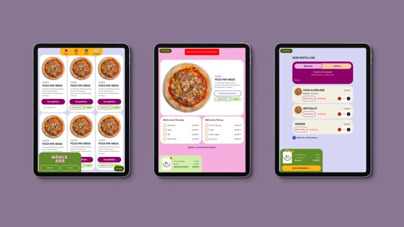 Drei Tablets aus dem Bestellprozess: ein Raster von Pizzen mit Preis und Auswahl-Button, eine Artikelseite mit Auswahl von Pizzaboden und Füllung samt laufender Zwischensumme, und der Warenkorb mit drei Positionen kurz vor der Bestellung.
