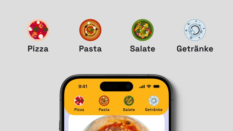 Die vier Kategorie-Icons – Pizza, Pasta, Salate und Getränke – als Teller von oben gezeichnet, groß mit ihren Beschriftungen und noch einmal als fixierte Navigationsleiste auf einem Smartphone.