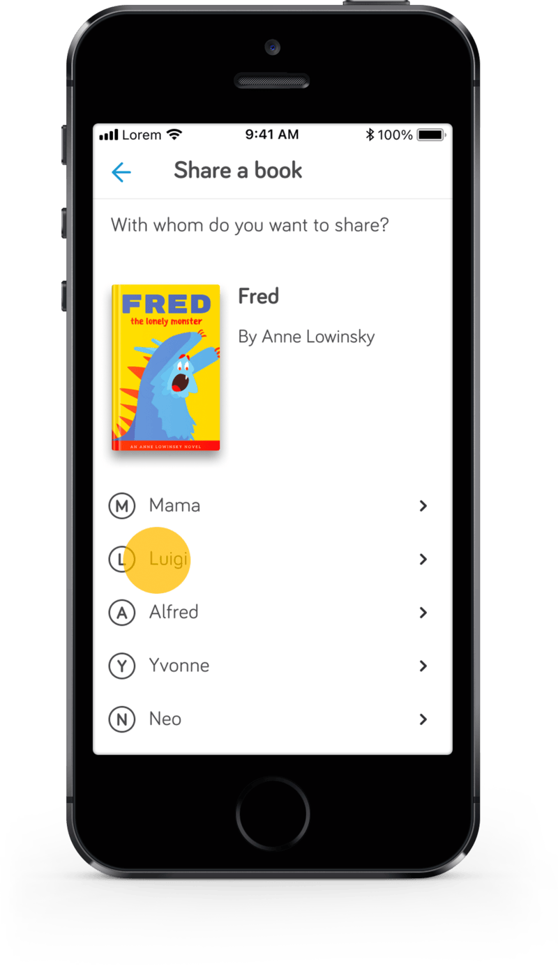 Der Screen „Share a book“ mit der Frage „With whom do you want to share?“, dem Fred-Cover neben Titel und Autorin und darunter den Familienmitgliedern – Mama, Luigi, Alfred, Yvonne und Neo –, wobei Luigi von einem gelben Kreis hervorgehoben ist.